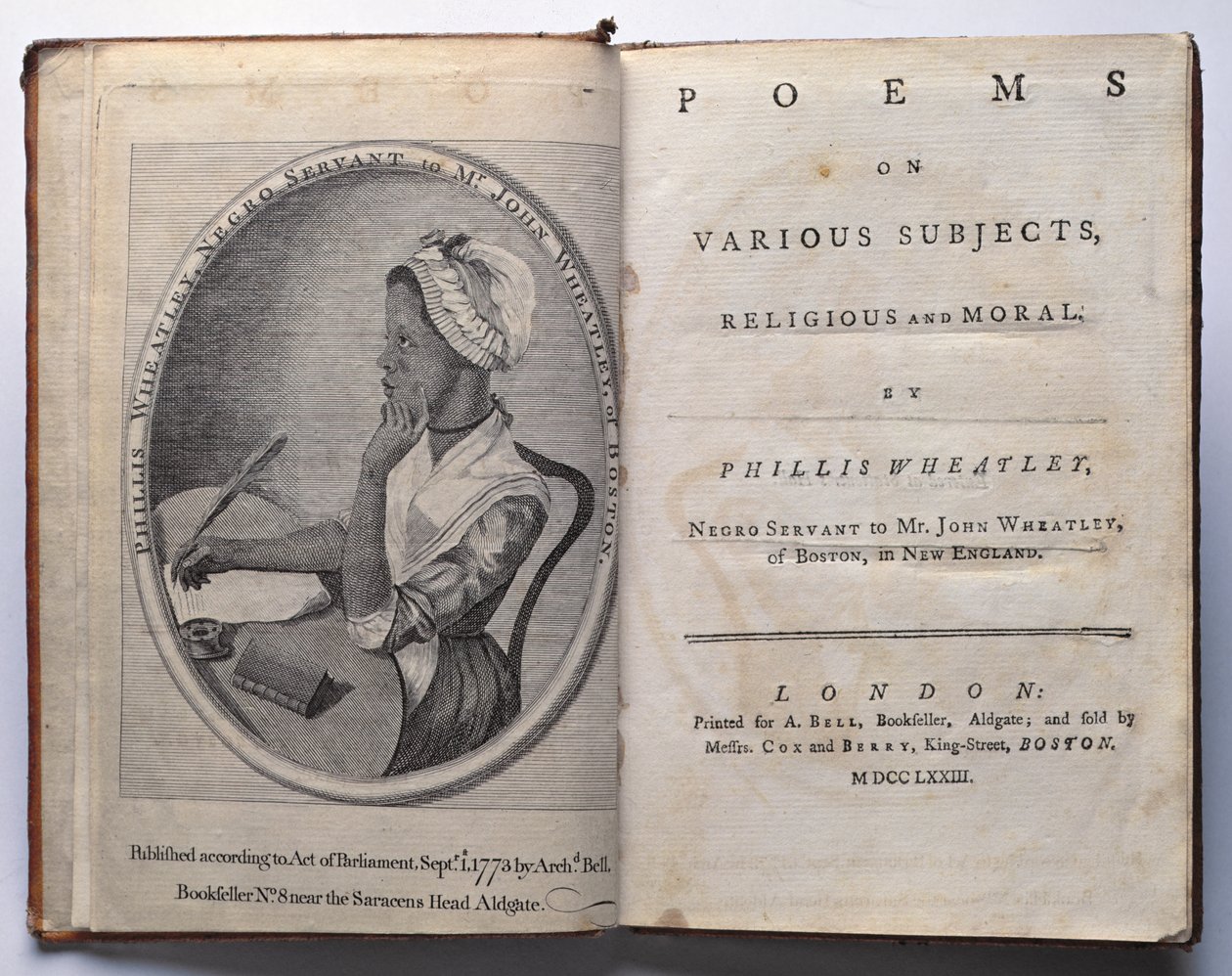 Philis Wheatleyn runojen eri aiheista uskonnollisia ja moraalisia runoja etusivu ja nimilehti, julkaisija Archibald Bell, Londond, 1773 tekijältä English School