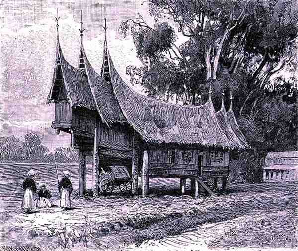 Talo Keski-Sumatralla, kaiverrettu E. Krell, teoksesta The History of Mankind, Vol.1, prof. Friedrich Ratzel, 1896 tekijältä English School