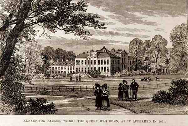 Kensingtonin palatsi, jossa kuningatar syntyi, sellaisena kuin se ilmestyi vuonna 1831, The Illustrated London News, 19. kesäkuuta 1886 tekijältä English School