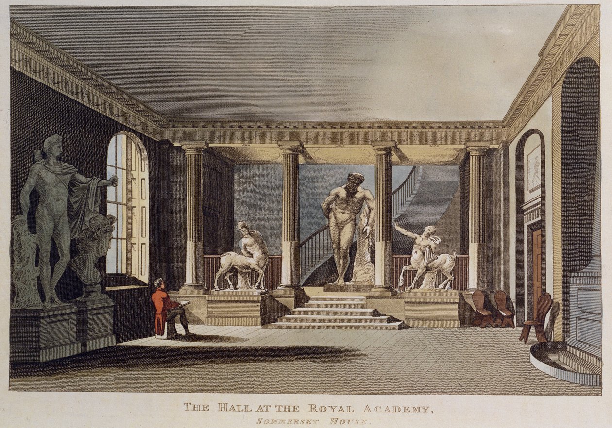 Mies piirtää veistosta Somerset Housen kuninkaallisen taideakatemian salissa, 1810 tekijältä English School
