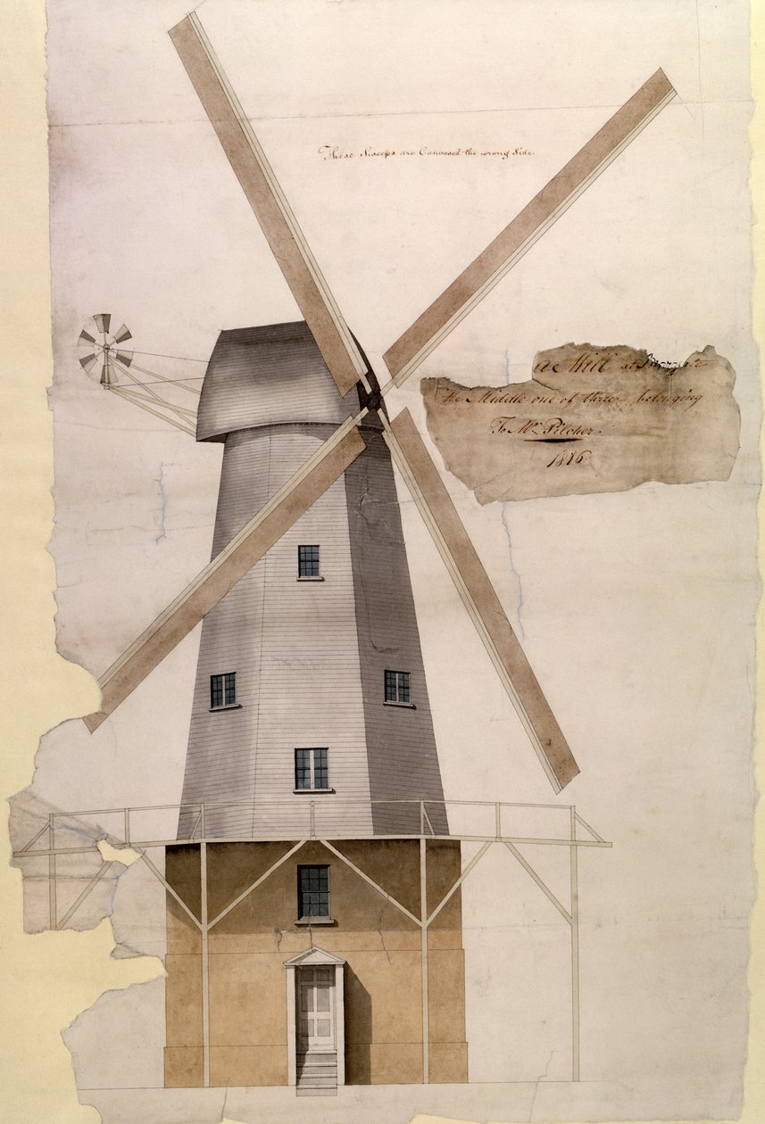 Mr Pilchersin tuulimylly Margatessa, Kentissä, 1816 (kynä ja muste, kynä ja pesu paperille) tekijältä English School