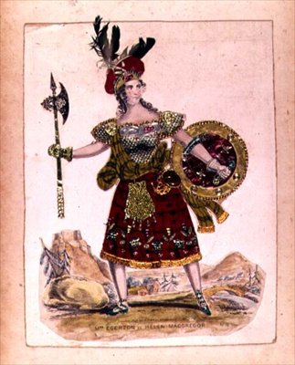 Rouva Egerton roolissa Helen Macgregor, Rob Roy Macgregorin vaimo Sir Walter Scottin romaanin Rob Roy dramatisoinnista, pub. kirjoittanut A. Park, 1823 (kaiverrus ja kollaasi) tekijältä English School