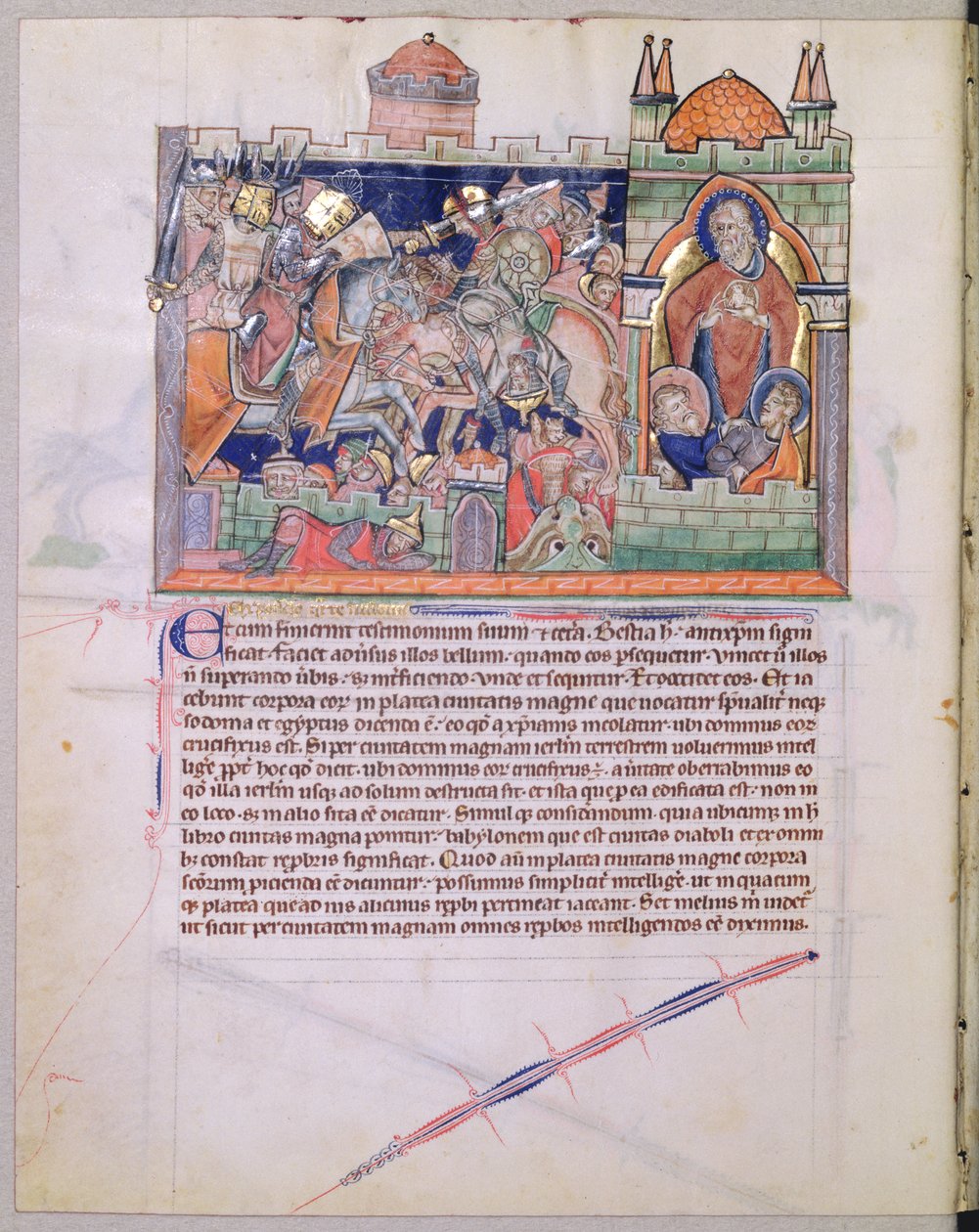 Ms L.A. 139-Lisboa fol. 26v Jumalan temppeliä säilytetään samalla kun kansakuntien armeija tuhoaa hovin 42 kuukauden ajan Gulbenkian Apokalypsista, n. 1265-1270 tekijältä English School