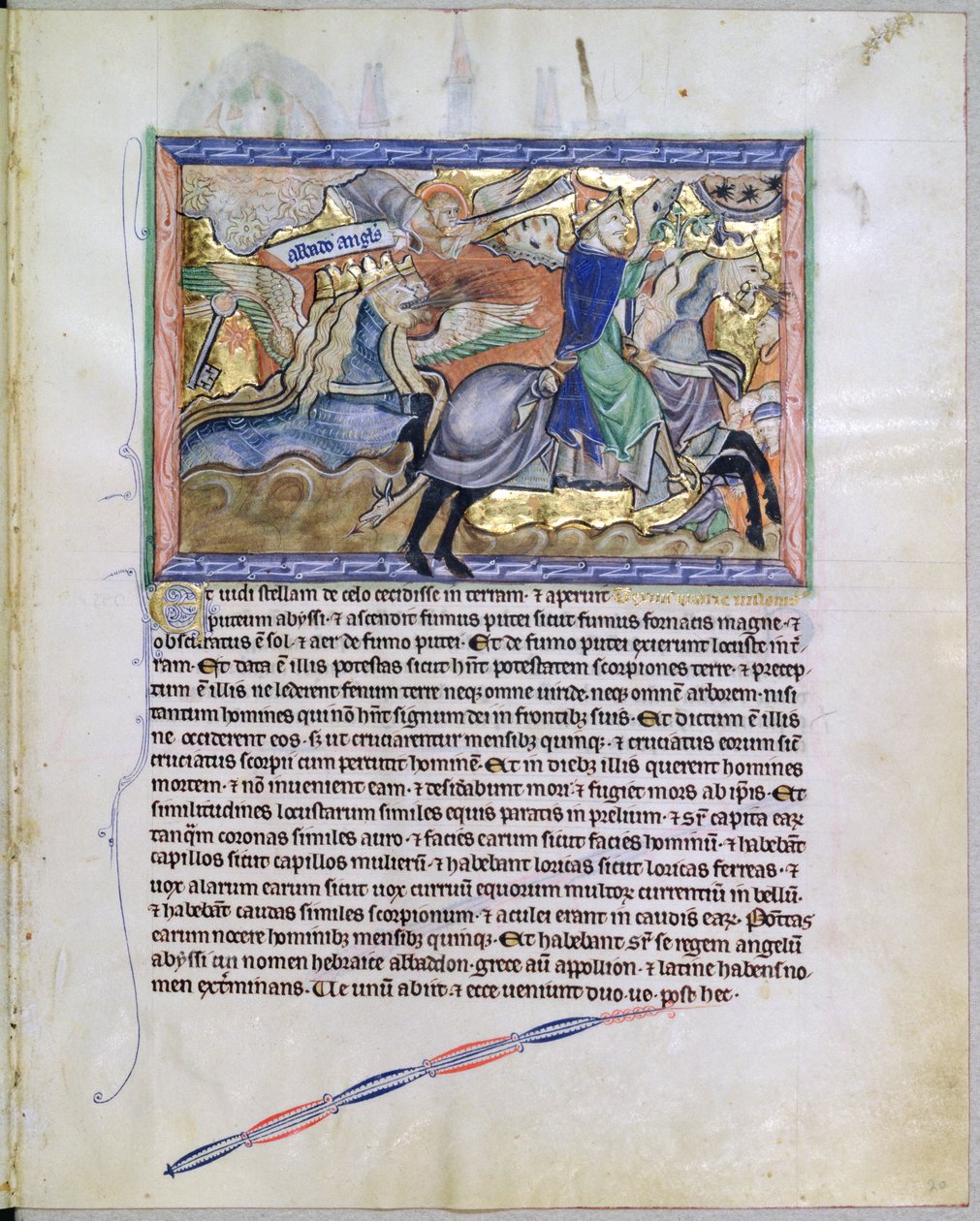 Ms L.A. 139-Lisboa fol.20 Exterminans, heinäsirkkojen kuningas, nousee kuopasta, Gulbenkian Apokalypsista, n. 1265-70 tekijältä English School