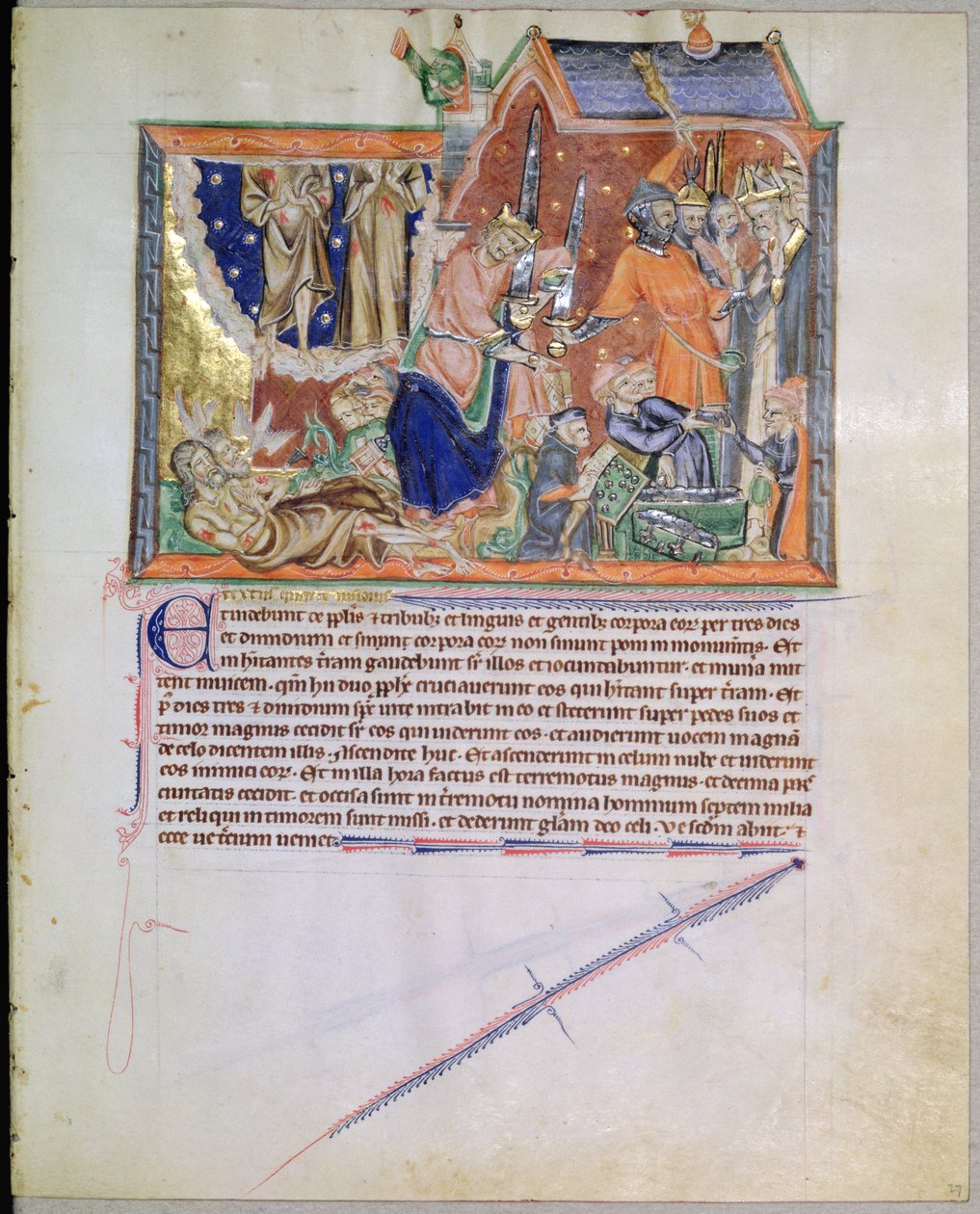 Ms L.A. 139-Lisboa fol.27 Todistajat jätetään hautaamatta ja heidän sielunsa nousevat taivaaseen, Gulbenkian Apokalypsista, n. 1265-1270 tekijältä English School