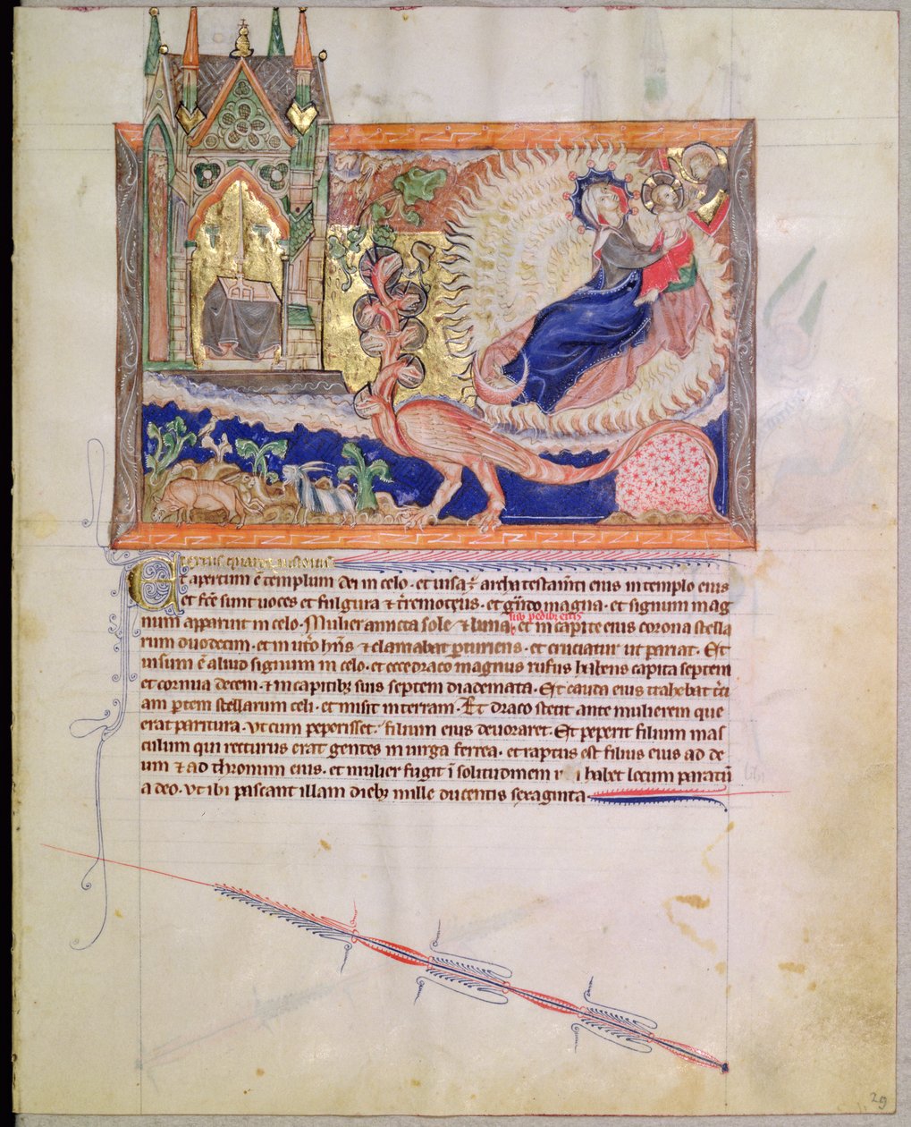 Ms L.A. 139-Lisboa fol.27 Todistajat jätetään hautaamatta ja heidän sielunsa nousevat taivaaseen, Gulbenkian Apokalypsista, n. 1265-1270 tekijältä English School