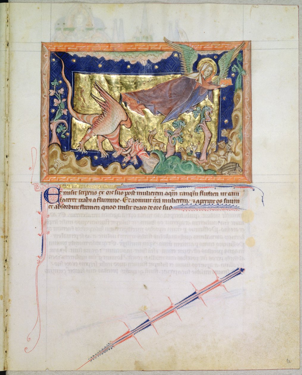 Ms L.A. 139-Lisboa fol.32 Nainen lentää pois, kun maa nielee punaisen lohikäärmeen Gulbenkian Apokalypsista, n. 1265-70 tekijältä English School
