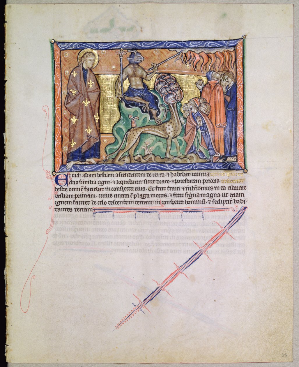 Ms L.A. 139-Lisboa fol.38 Evankelista Pyhä Johannes katsomassa pedon tuovan tulen taivaasta maan päälle, Gulbenkian Apokalypsista, n. 1265-1270 tekijältä English School