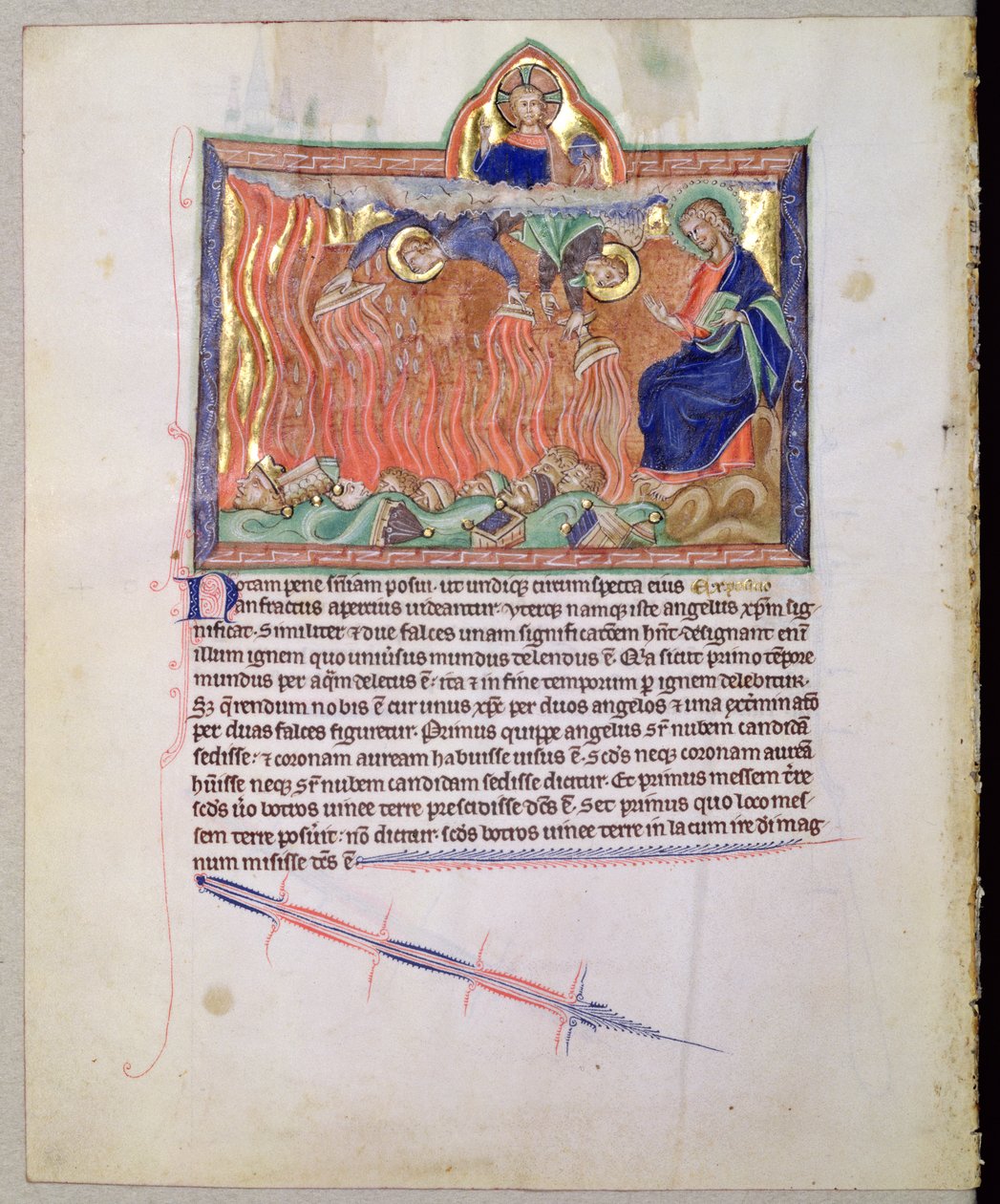 Ms L.A. 139-Lisboa fol.47v Kultaiset kulhot, jotka ovat täynnä maan päälle vuodattavaa Jumalan vihaa, Gulbenkian Apokalypsista, n. 1265-1270 tekijältä English School