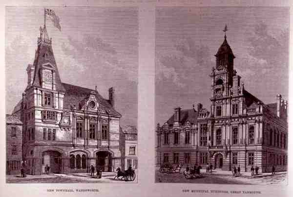 Uusi kaupungintalo, Wandsworth ja uudet kunnalliset rakennukset, Great Yarmouth, The Illustrated London News, 21. tammikuuta 1882 tekijältä English School