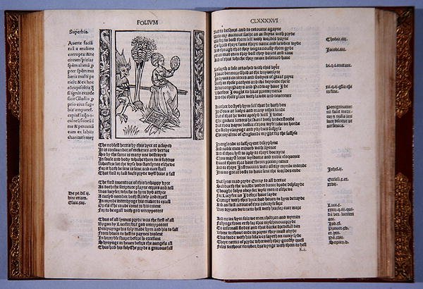 Ylivoimaisesta ylpeydestä, This Present -kirjasta nimeltä The shyp of folys, kirjoittanut Sebastian Brandt, painanut Richard Pynson, 1509 (koopaino ja puupiirros) tekijältä English School