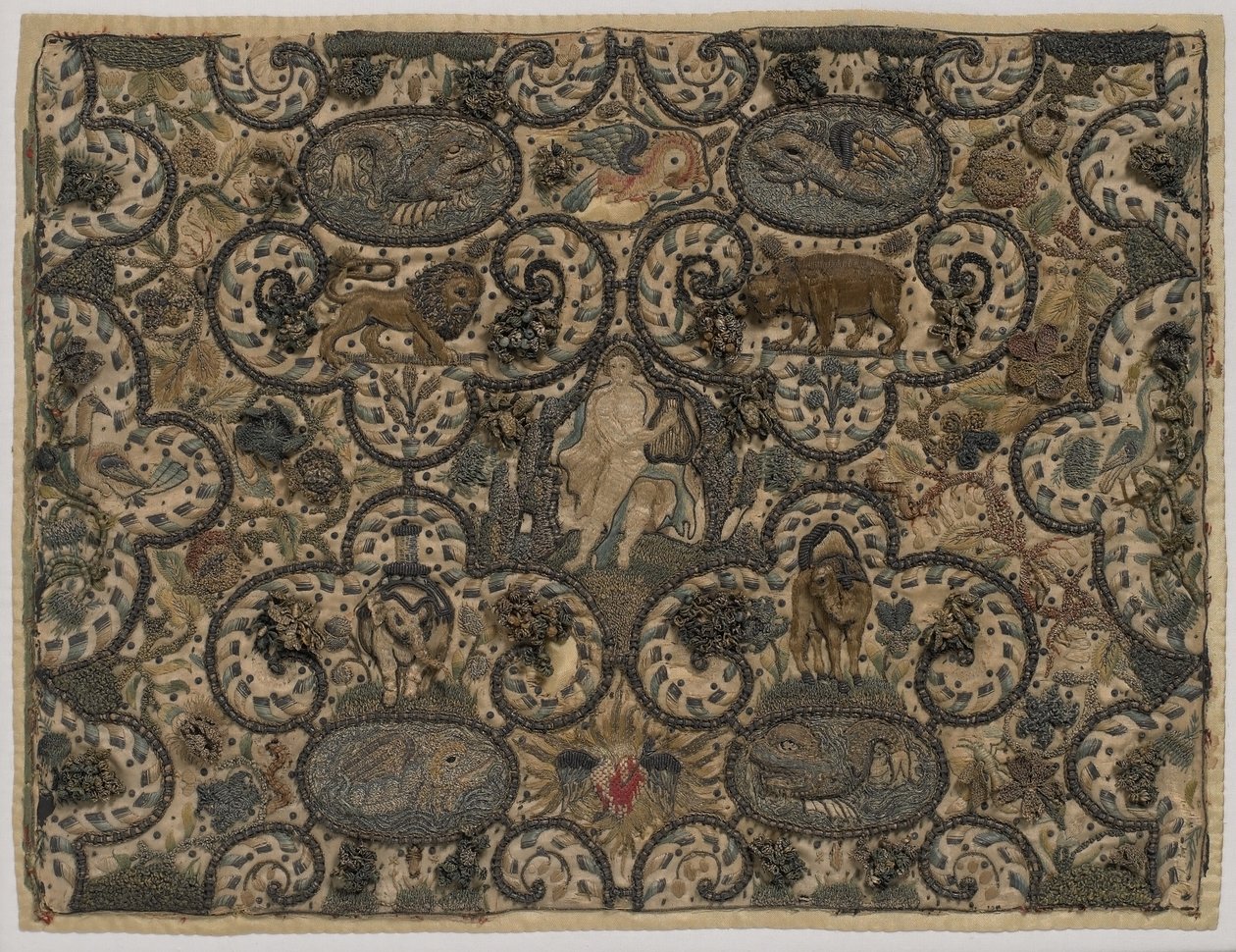 Orpheus hurmaa eläimiä luutullaan, kohosilkkikirjonta, n. 1630 (silkkikirjonta) tekijältä English School