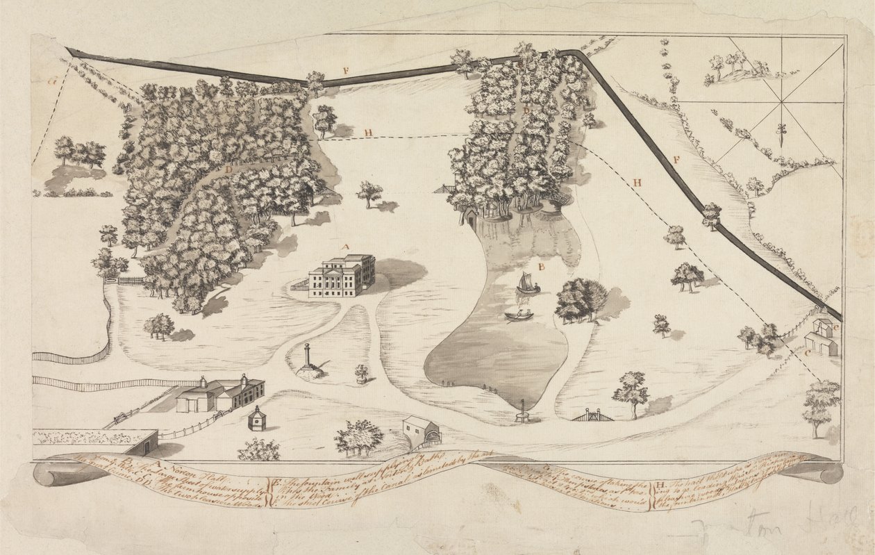 Plan of the Park at Norton Hall, Norton Priory, n. 1750-1760 (kynä ja musta muste ja harmaa pesu paperilla) tekijältä English School
