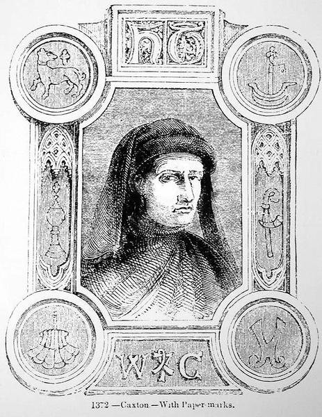 Muotokuva William Caxtonista (n.1422-91) ja hänen kirjapainomerkistään tekijältä English School