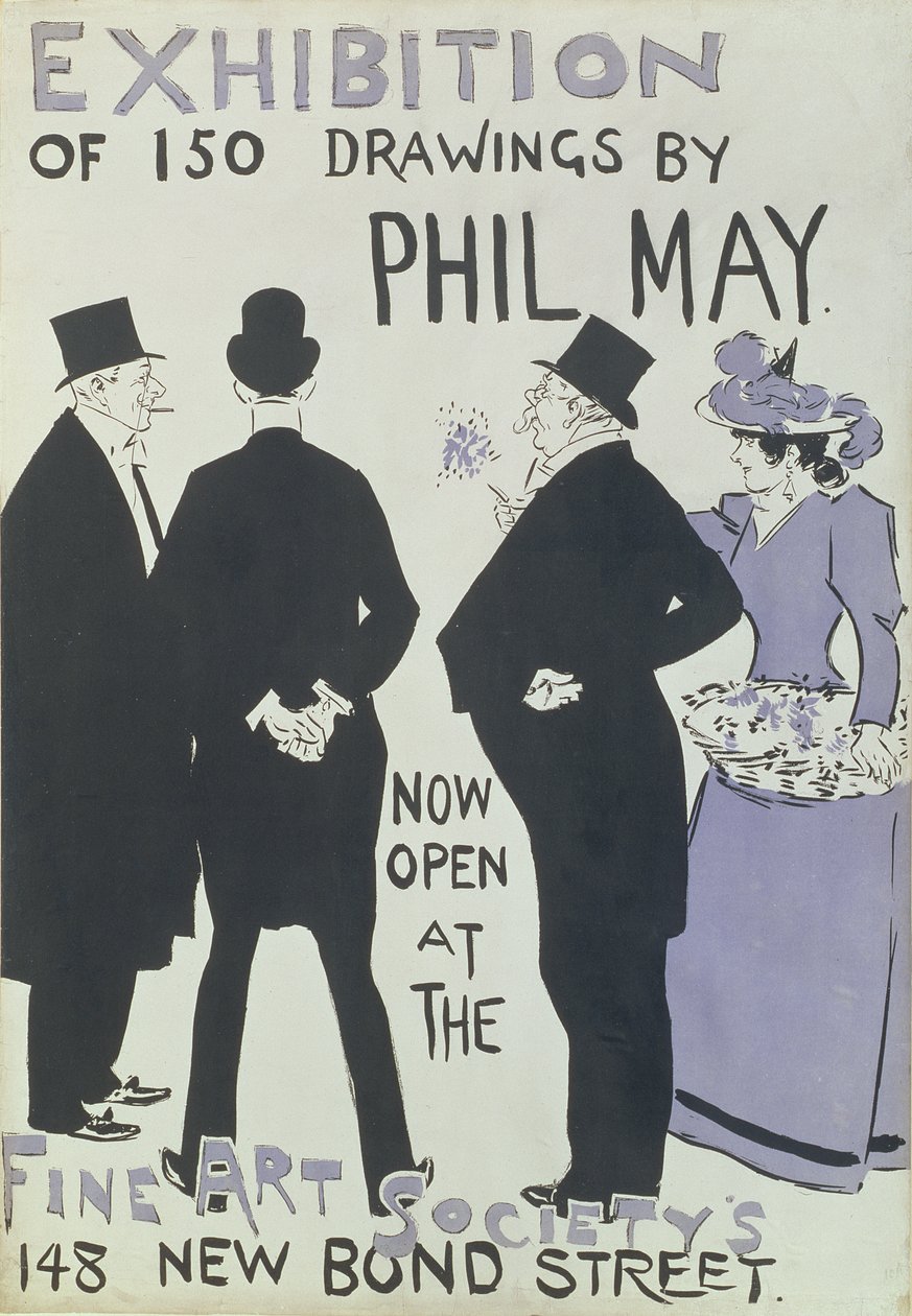 Juliste, joka mainostaa Phil Mayn 150 piirroksen näyttelyä Fine Art Societyssa, New Bond Street, 1895 tekijältä English School