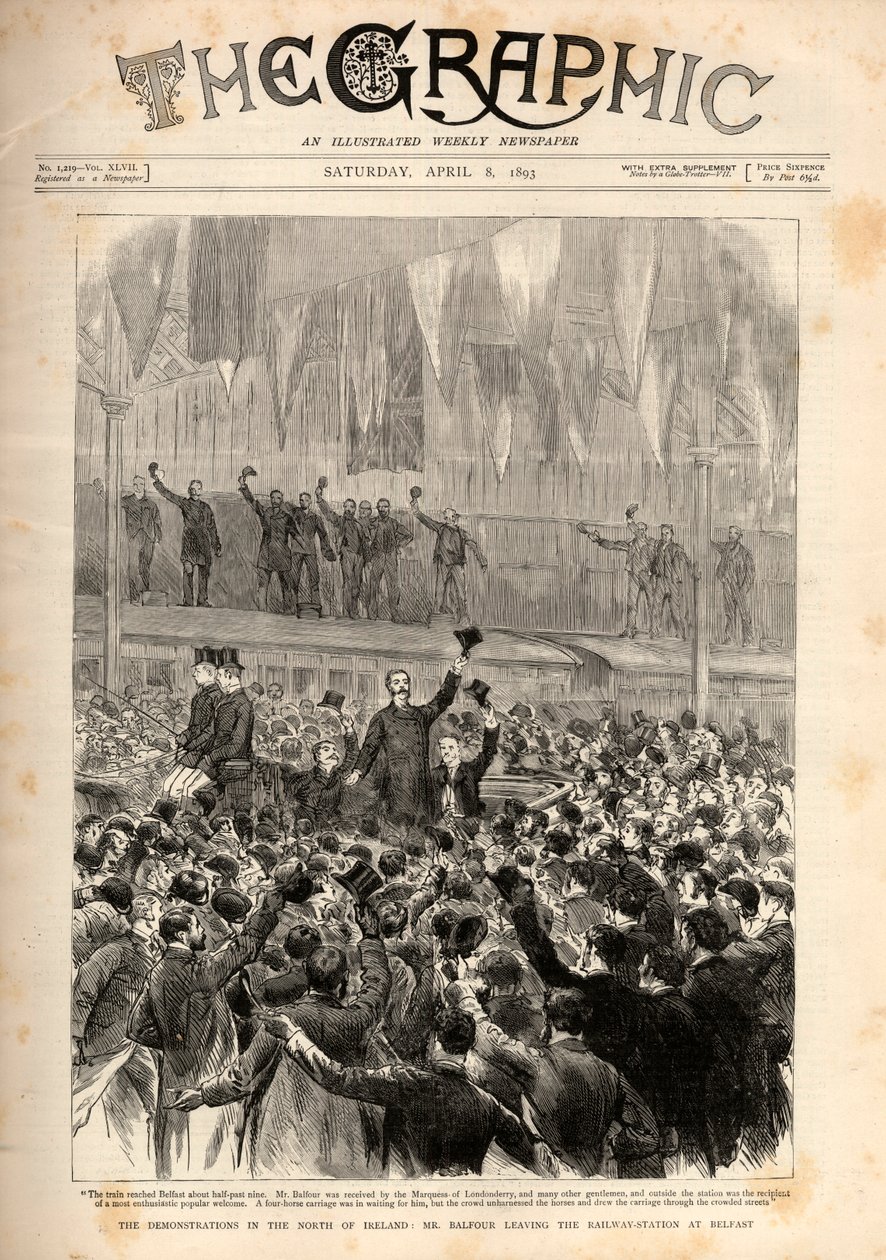 Protesti Home Rule Billiä vastaan (esittelyn Gladstone) Belfastissa: Arthur James Balfour poistumassa Belfastin rautatieasemalta. tekijältä English School