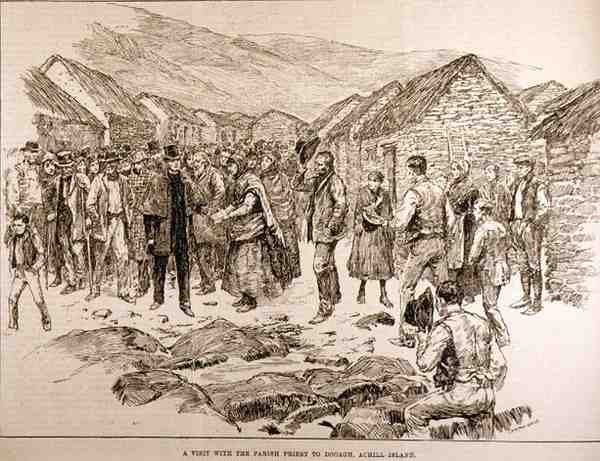 Ahdistus Länsi-Irlannissa: Vierailu seurakunnan papin kanssa Dooaghiin Achill Islandille, The Illustrated London News, 4. lokakuuta 1886 tekijältä English School
