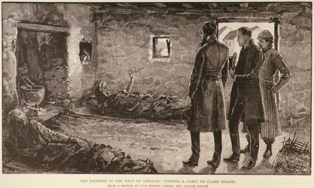 Hätä Länsi-Irlannissa: Vierailu mökissä Clare Islandilla, The Illustrated London News, 4. lokakuuta 1886 tekijältä English School