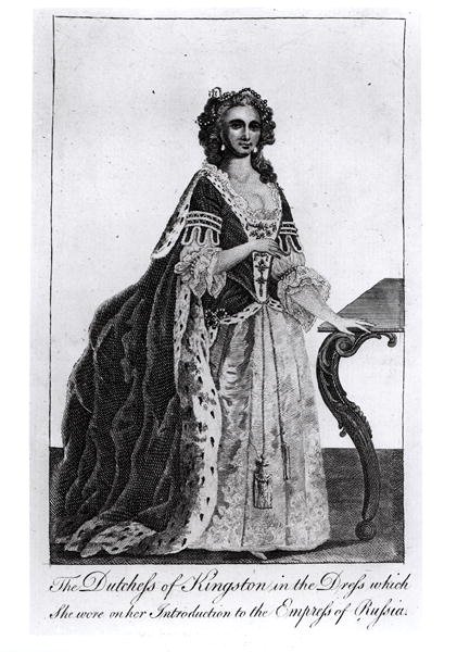 Kingstonin herttuatar (1720-88) mekossaan, jota hän käytti esittelyssä Venäjän keisarinnalle tekijältä English School