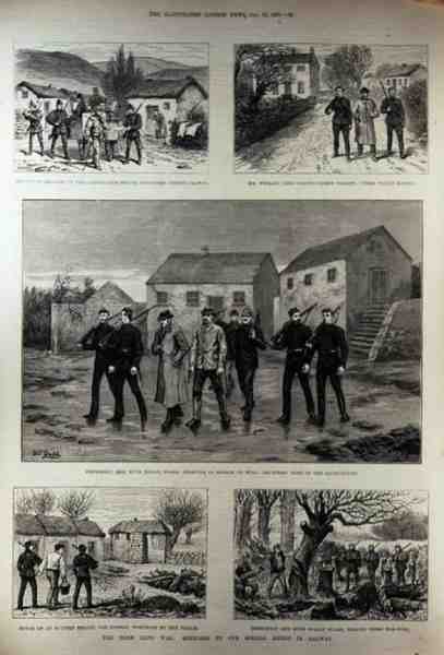 Irlannin maasota: Haastepyyntö Clanricarde Estatessa, Woodfordissa, Galwayn kreivikunnassa, The Illustrated London News, 15. tammikuuta 1887 tekijältä English School