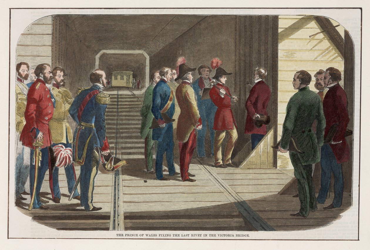 Walesin prinssi korjaa viimeistä niitiä Victoria Bridgessä, Kanadassa, 1860 tekijältä English School