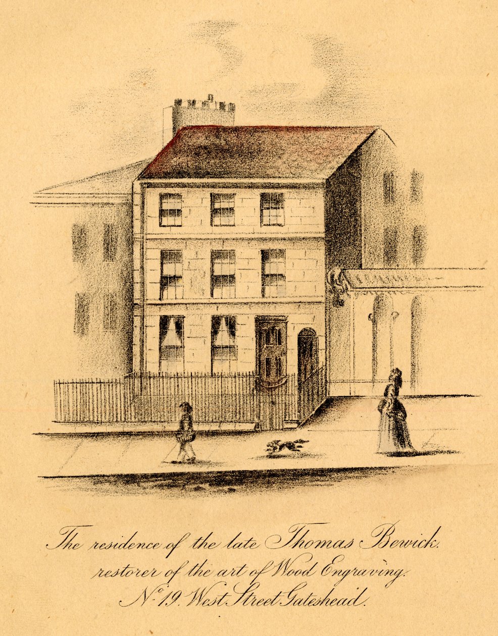Edesmenneen Thomas Berwickin asunto, nro 19, West Street, Gateshead (puukaiverrus). tekijältä English School