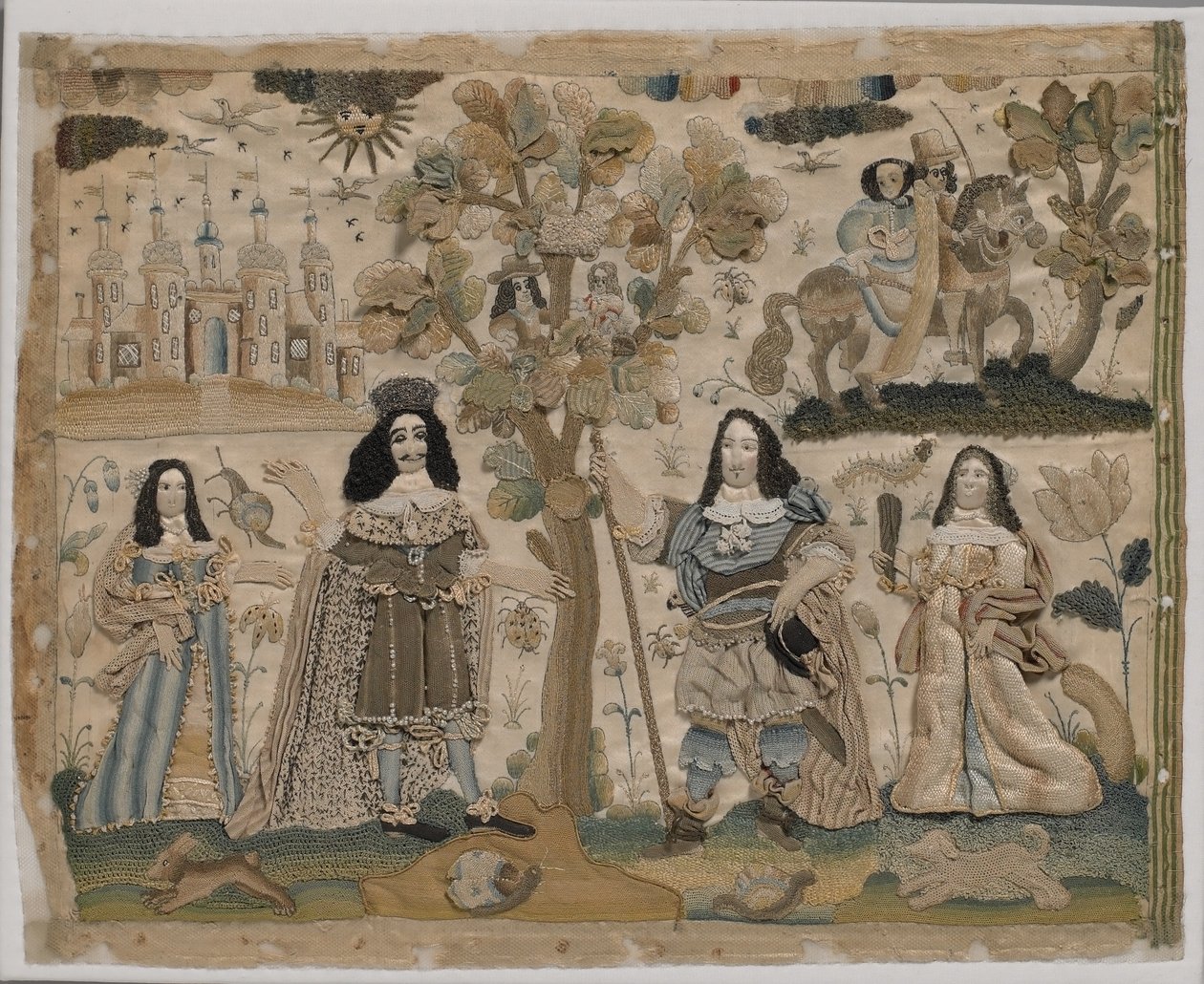 Kuningas Kaarle II:n entisöinti, n. 1665 (silkkikirjonta) tekijältä English School