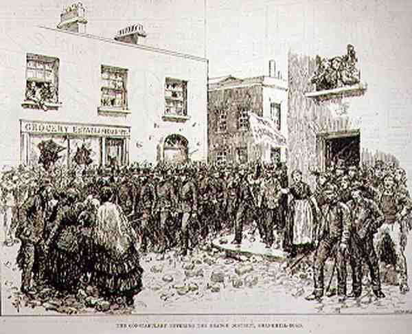 The Riots in Belfast: Constabulary saapumassa Orange Districtiin, Shankill Road, The Illustrated London News, 19. kesäkuuta 1886 tekijältä English School