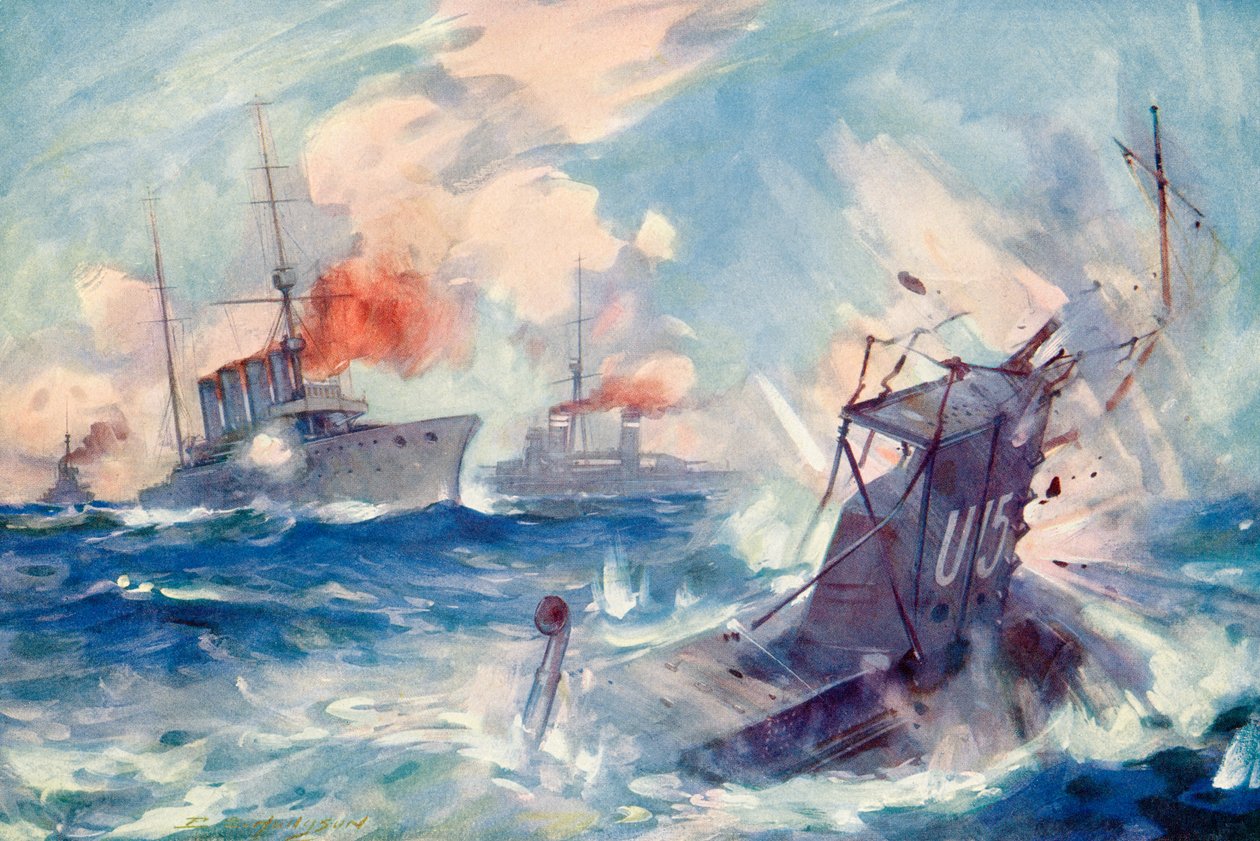 Saksalaisen sukellusveneen SM U-15 uppoaminen brittiläisen kevyen risteilijän H.M.S. Birmingham, 9. elokuuta 1914 ensimmäisen maailmansodan aikana, The History of the Great War, julkaistu noin 1919 ( tekijältä English School