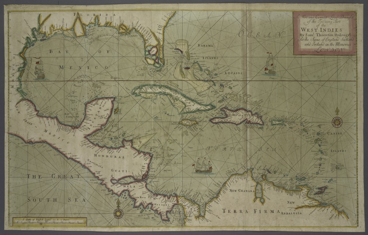 Länsi-Intian kauppakartta, 1707 (käsinvärinen painatus) tekijältä English School
