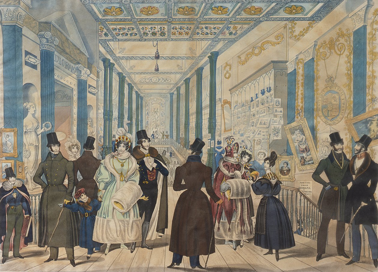 Näkymä Queens Bazaarissa Lontoossa - Talvimuoti marraskuusta 1833 huhtikuuhun 1834, julkaisija B.Read & Co., 1833 (akvatinta paperilla) tekijältä English School