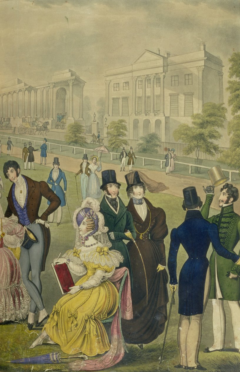 Näkymä Lontoon Green Park -puistoon, joka esittää ajan muotia, yksityiskohta oikeasta puolelta, n. 1830 (katso myös 122098) tekijältä English School