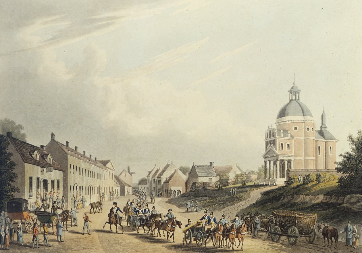 Waterloo. Ranskalaisen tykin kuljettaminen taistelukentältä, 24. heinäkuuta 1815 (akvatinta) tekijältä English School