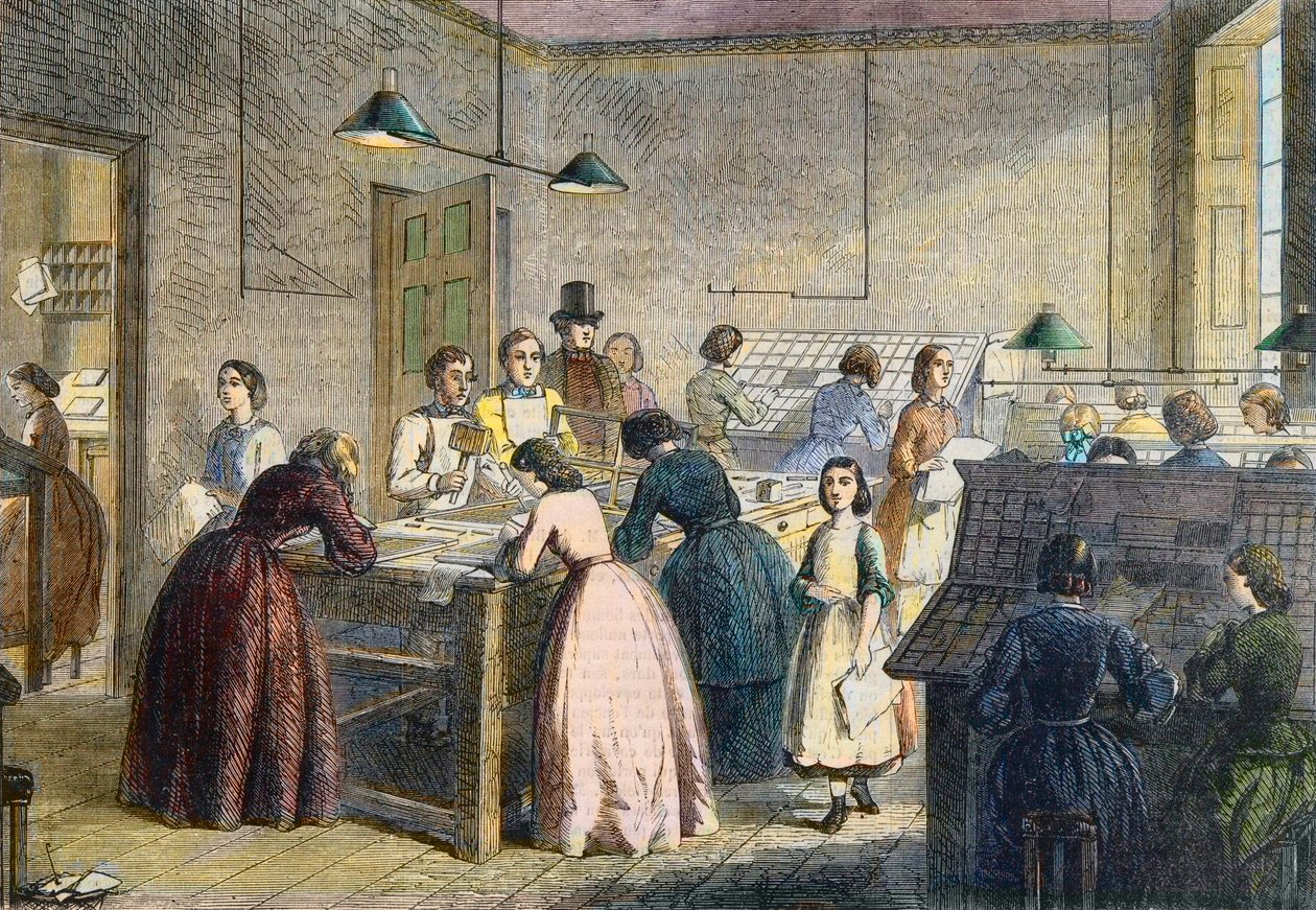 Naissäveltäjiä Victoria Pressin kirjapainossa Great Coram Streetillä Lontoossa vuonna 1860. tekijältä English School