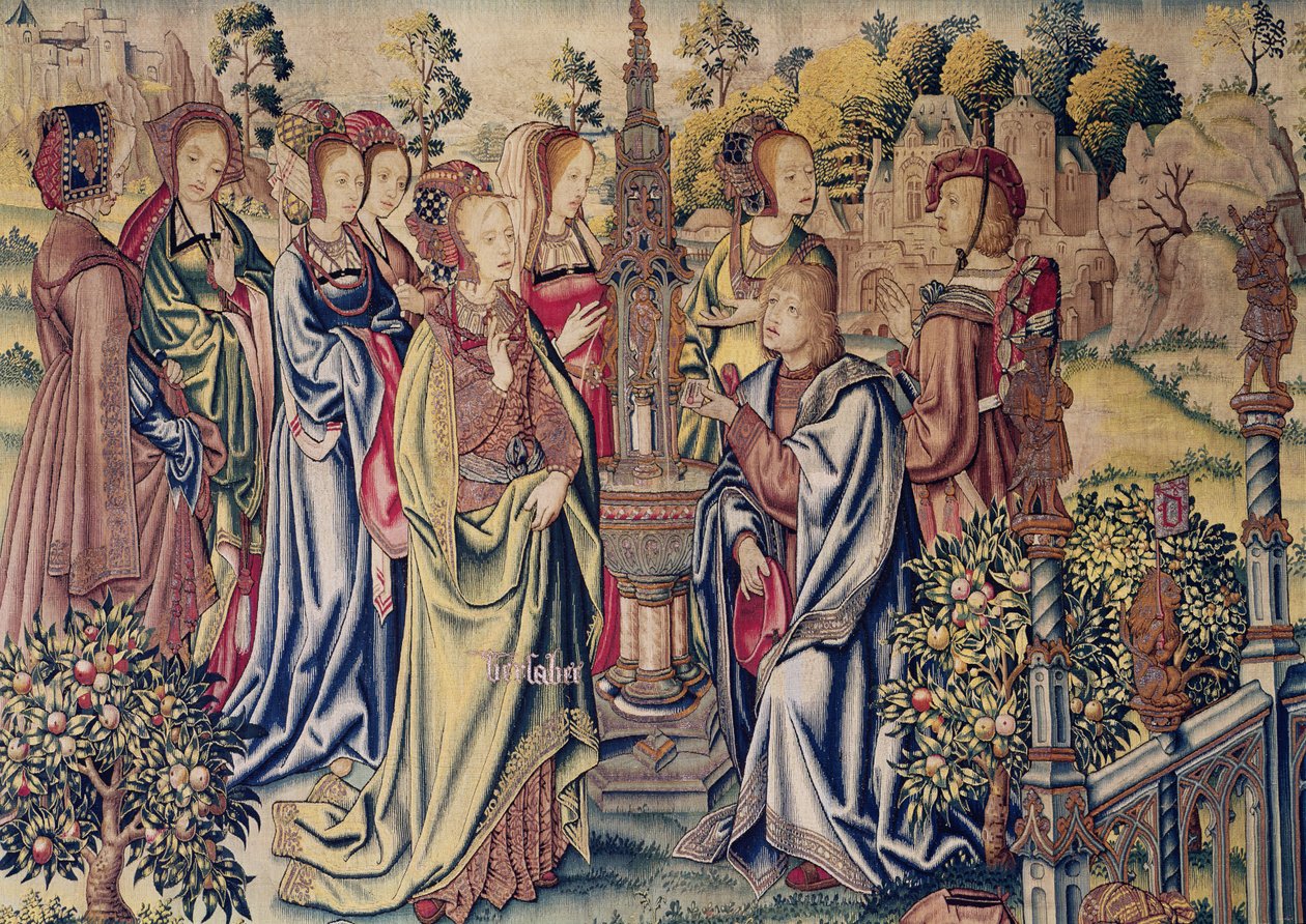Batseba vastaanottaa kaksi sanansaattajaa Daavidilta lähteellä, n. 1510-1515 tekijältä Flemish School