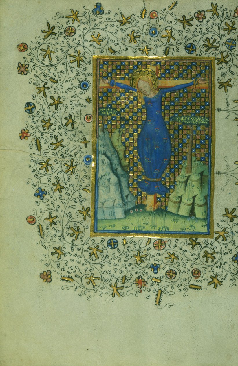 Pyhä Wilgefortis ristillä, n. 1430-1440 (muste pergamentilla) tekijältä Flemish School