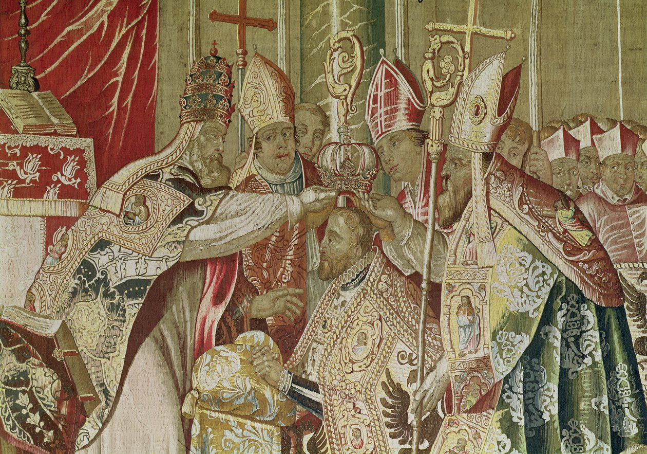 Kaarle V:n kruunaus (1500-58) teoksesta The Tapestry of Charles Quint, n. 1630-40 (yksityiskohta 167804) tekijältä Flemish School