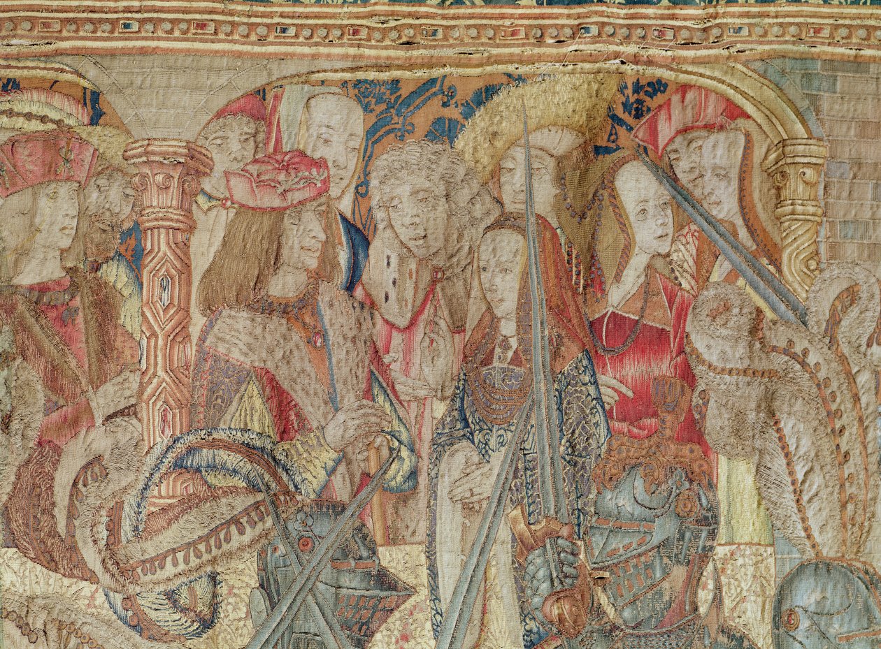 The Tournament, pystysuora kangaspuuta Brysselin työpajasta, yksityiskohta katsomossa Charles VII:n (1470-98) ja Anne of Bretagnen (1477-1514) kanssa n. 1497 (katso myös 156549) tekijältä Flemish School