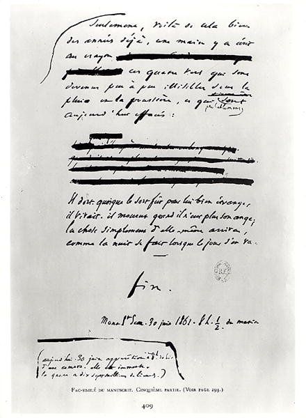 ...kuten yö on, kun päivä kuluu. (fin), faksimile Victor Hugon (1802-85) käsikirjoituksen Les Miserables viimeisestä sivusta 30. kesäkuuta 1862 (kynä ja muste paperille) tekijältä French School
