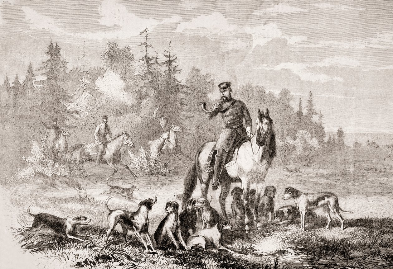 Aleksanteri II metsästää susia Pietarin lähellä, LUnivers Illustrésta, 1866 tekijältä French School