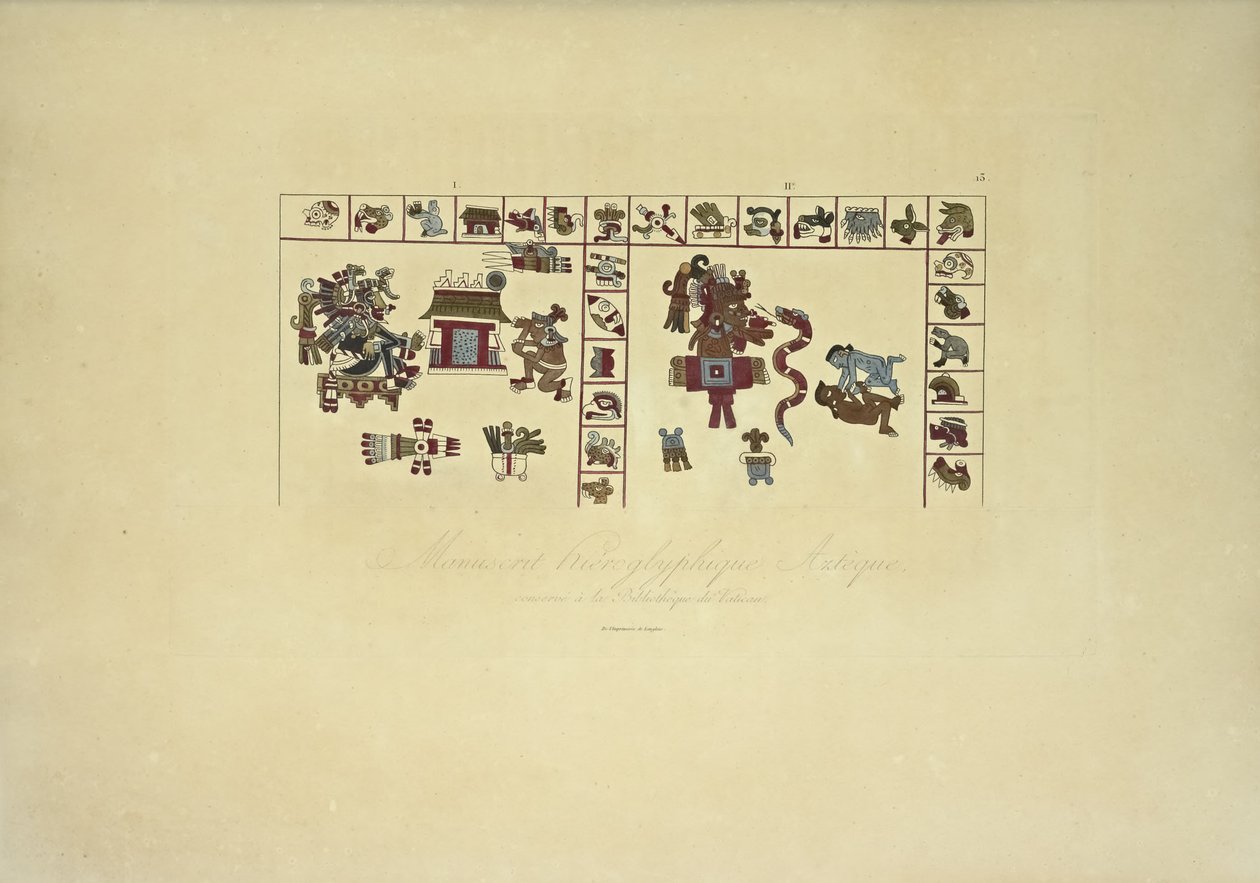 Atsteekkien hieroglyfikäsikirjoitus, säilytetty Vatikaanin kirjastossa, kuvitus Alexander von Humboldtin ja Aime Bonplandin teoksesta Näkymät Cordilleraille ja Amerikan alkuperäiskansojen monumenteille, 1813 tekijältä French School
