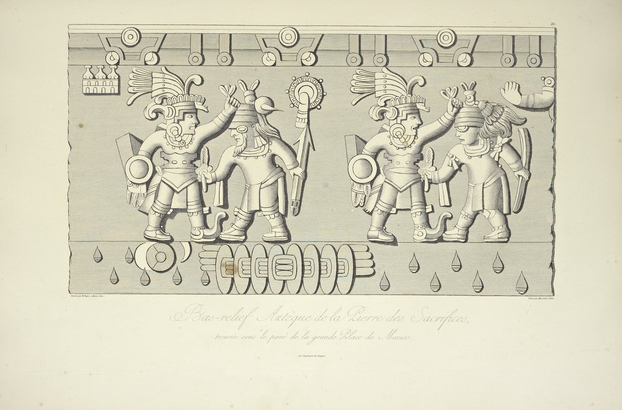 Atsteekkien uhrikivireliefi, kuvitus Alexander von Humboldtin ja Aime Bonplandin teoksesta Näkymät Cordilleraille ja Amerikan alkuperäiskansojen monumenteille, 1813 tekijältä French School