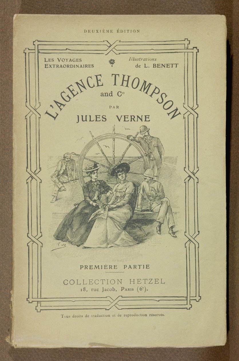 Jules Vernen (1828-1905) The Thompson Travel Agencyn kirjan kansi tekijältä French School