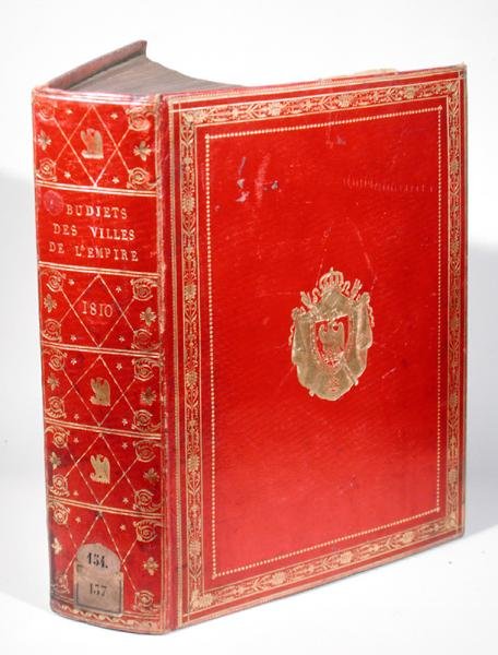 Ranskan valtakunnan kaupunkien budjetit, sidottu Napoleon Bonaparten (1769-1821) vaakunaan 1810 (punainen marokkolainen nahka ja kulta) (katso myös 165120) tekijältä French School