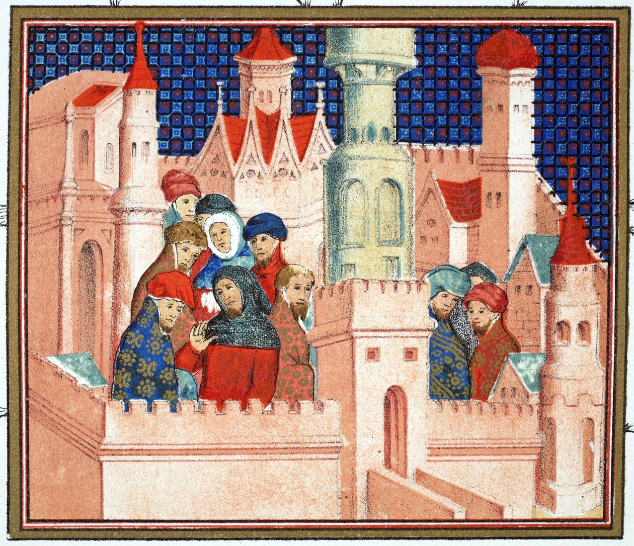 Richard II:n ja hänen aatelisensa välinen neuvottelu Conwayn linnassa, faksikopio Jean Cretonin Le Prinse et Mort du Roy Richartista, uusintapainos 1800-luku tekijältä French School