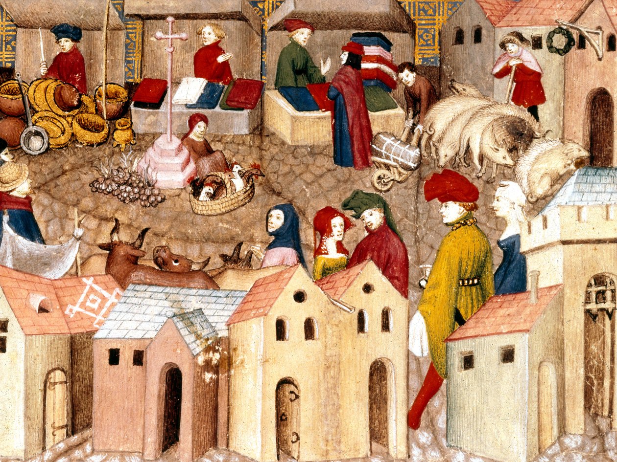 Fr 12559 fol.167 Markkinapaikka, valaistus Le Chevalier errantista, Thomas III de Saluces, Pariisi, n. 1400-05 tekijältä French School