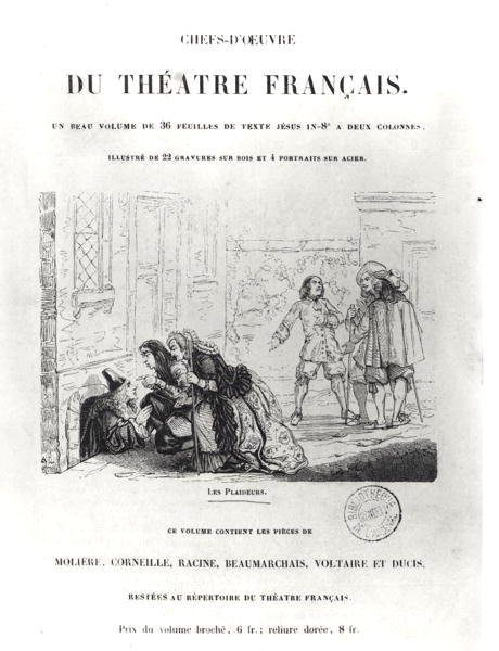 Frontispiece for Chefs dOeuvre du Theatre Francais ja kuvitus Jean Racinen (1639-1699) Oikeudenkäyntiin tekijältä French School