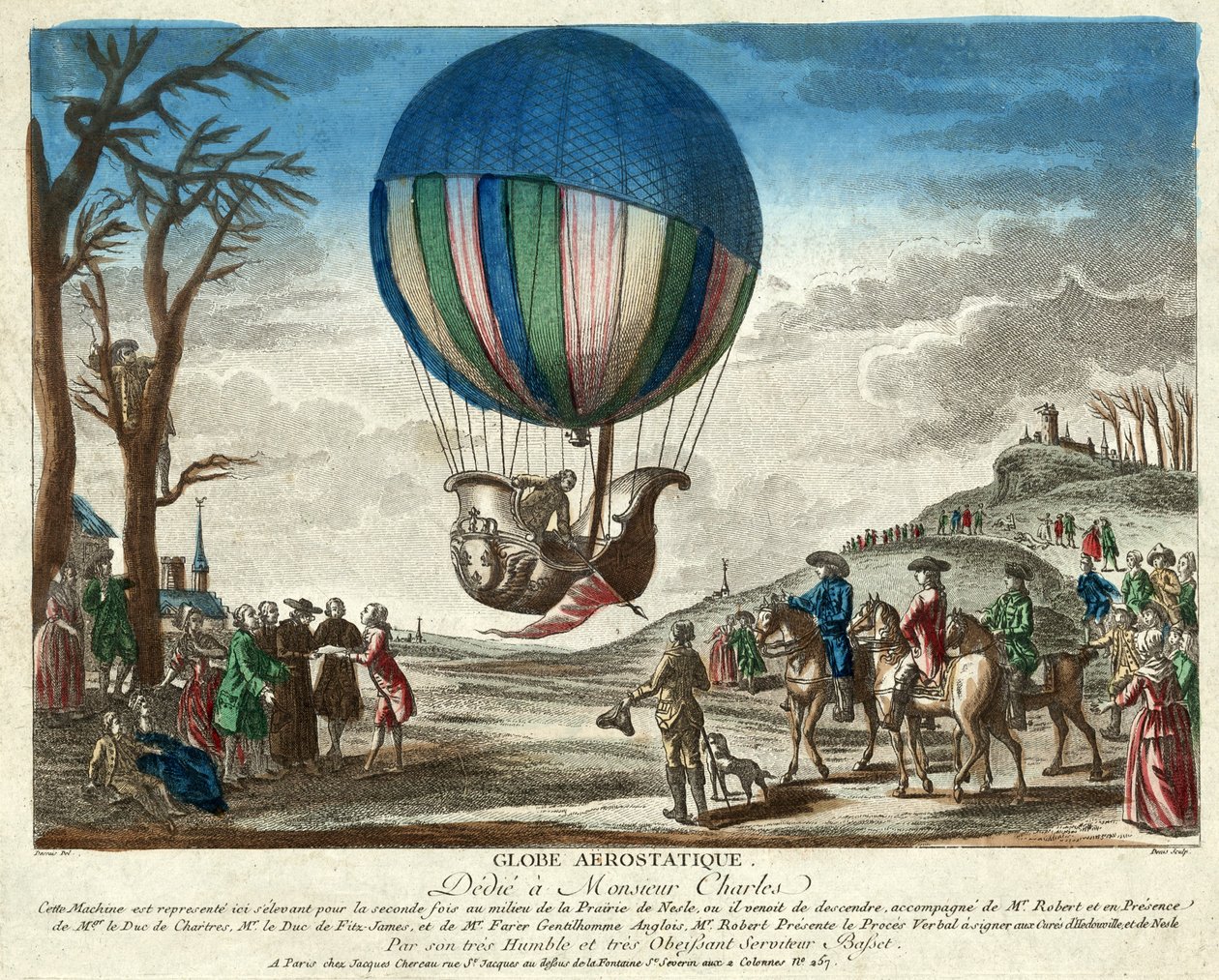 Aerostatic Globe, omistettu monsieur Charlesille, pub. 1783 (käsinvärinen kaiverrus) tekijältä French School