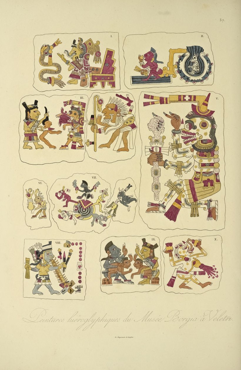 Hieroglyfimaalauksia Borgia-museosta, Veletri, kuvitus Alexander von Humboldtin ja Aime Bonplandin teoksesta Näkymät Cordilleraille ja Amerikan alkuperäiskansojen monumenteille, 1813 (käsityö tekijältä French School