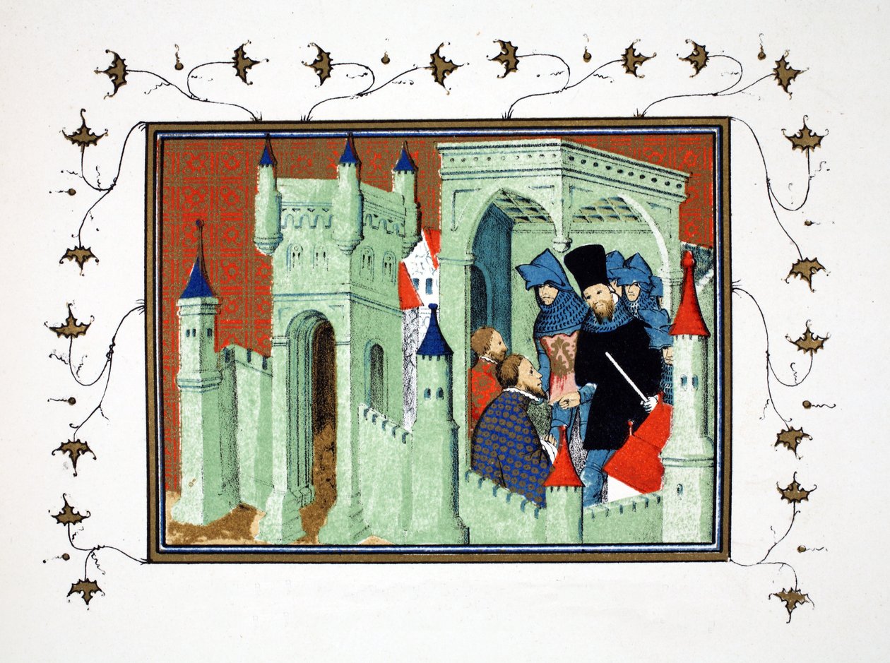 Chesterin linnan sisätilat, kun Exeterin ja Surreyn herttuat toimittavat Kings-sanoman Lancasterin herttualle, faksikopio Jean Cretonin Le Prinse et Mort du Roy Richartista, uusintapainos 1800. tekijältä French School